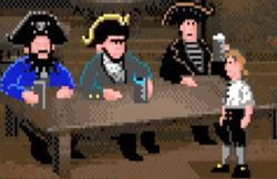 Screenshot of Guybrush Threepwood before the Very Important Pirates from Lucas Arts' The Secret of Monkey Island.