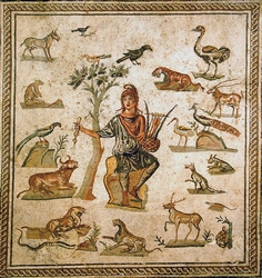 Orpheus surrounded by animals. Ancient Roman floor mosaic, from Palermo, now in the Museo archeologico regionale di Palermo. Picture by Giovanni Dall'Orto.